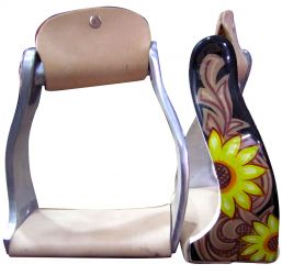 Showman Lightweight twisted angled aluminum stirrups with sunflower and leather look overlay